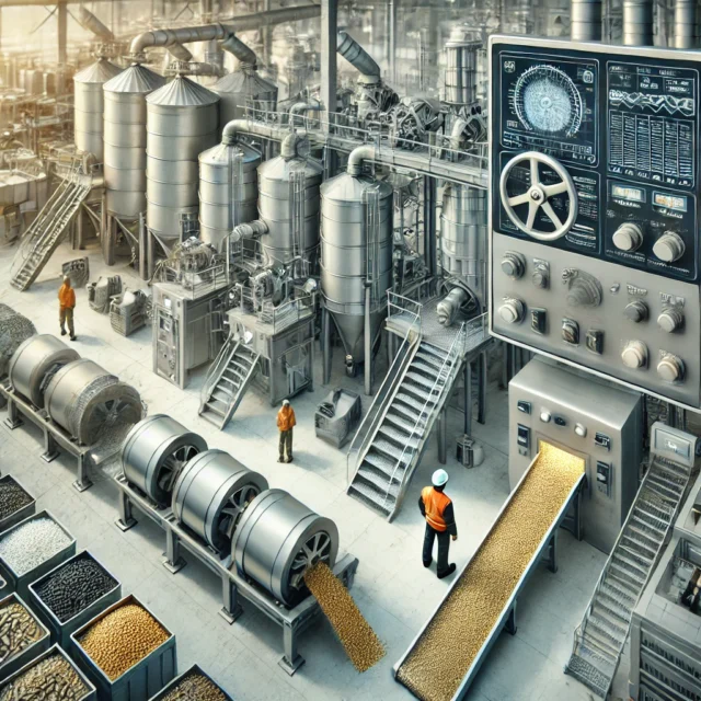 DALL·E 2025-03-19 12.07.24 - An industrial oilseed milling facility featuring various types of mills used for processing oilseeds. The image showcases a modern oilseed grinder, ro